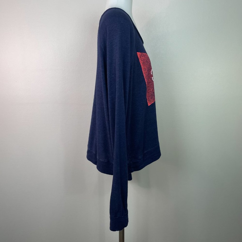 Sundry Top 2 Medium Navy Blue Red Flag Graphic Long Sleeve Shirt Cropped Women's - Picture 8 of 14
